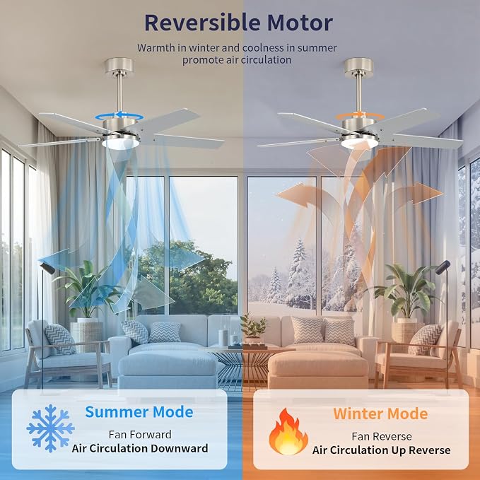 42 Inch Ceiling Fans with Lights and Remote, Bedroom Living Room Kitchen Home Office Indoor/Outdoor, 6CCT Dimmable, Dual Color 5 Blades, 6 Speed Reversible Quiet DC Motor, Sand-nickel/Wood Grain