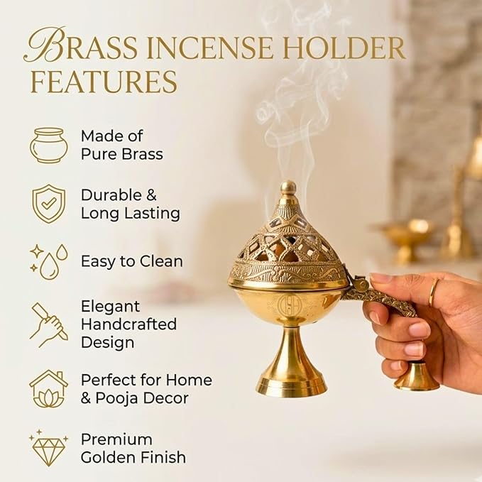 DSH CRAFTING YOUR CURIOSITY Dsh Home Purifying Brass Dhuna Loban Burner Dhooni Dhoop Dani Dhuni Brass Table Dhoop Dani Incense Burner for Loban. (Medium)