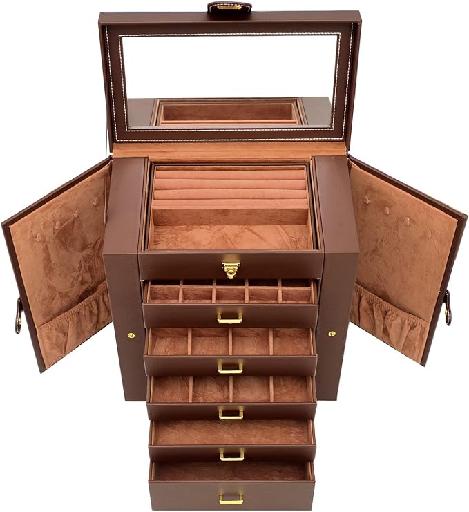 AKOZLIN 6-Tier Jewelry Box Organizer Functional 5 Drawers Leather Jewelry Storage Case for Women Girls Ring Necklace Earring Bracelet Holder Organizer with Mirror Extra Large Brown
