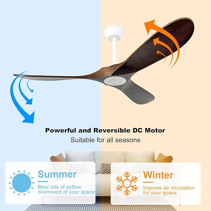 52'' Outdoor Ceiling Fan No Light,6 Speeds Adjustable with Large Airflow,Quiet Operation,Wood Propeller Ceiling Fan for Garage,Gazebo,Living Room,Bedroom(White+Dark Walnut)