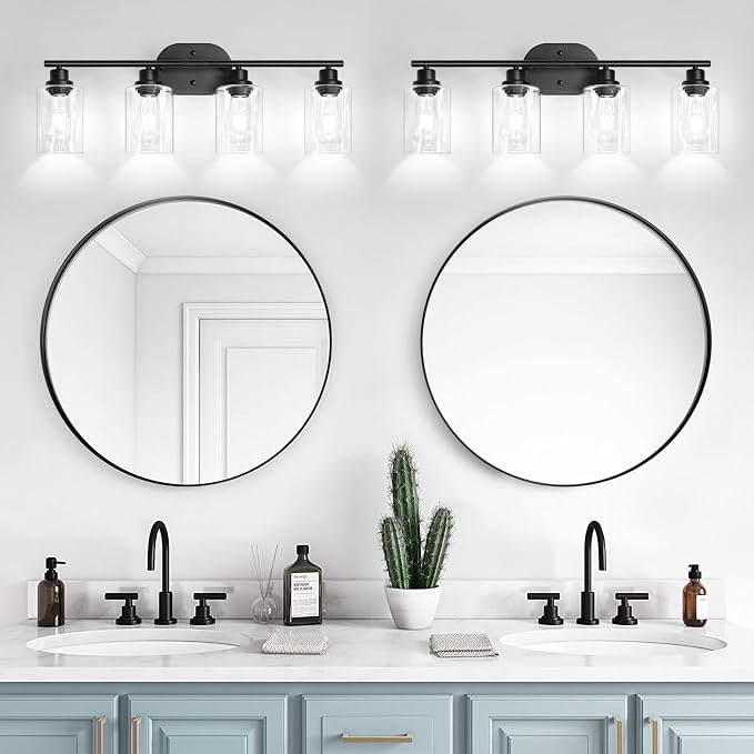 Unicozin Bathroom Light Fixtures, 4 Light Vanity Lights for Bathroom, Black Wall Lamp with Clear Glass for Mirror, Living Room, Hallway, Cabinet, E26 Base