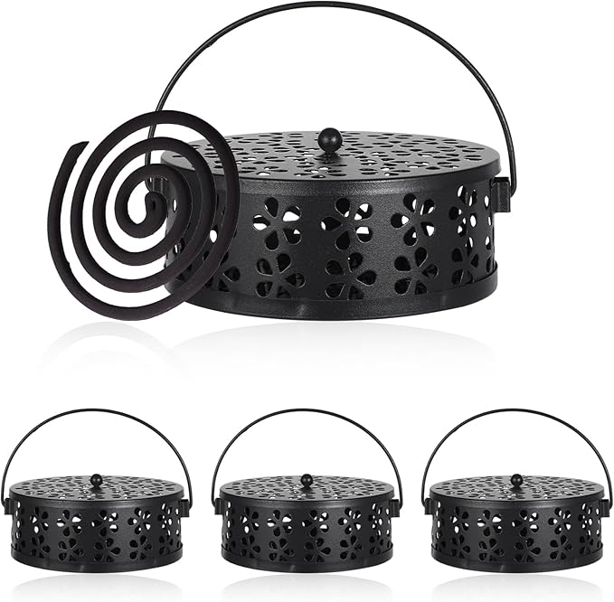 4 Pcs Mosquito Coil Holder Incense Coil Holder, Retro Iron Portable Hanging Outdoor Incense Burner Holder with Handle Round Metal Incense Holder for Home Camping Indoor Outdoor Patio (Black)