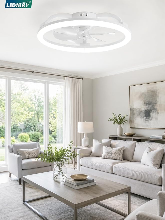 LEDIARY 23 Inch Ceiling Fans with Lights and Remote, Dimmable Fan Light | 6 Speed, Reversible, APP & Remote Control, Low Profile Flush Mount Ceiling Fan for Bedroom, White