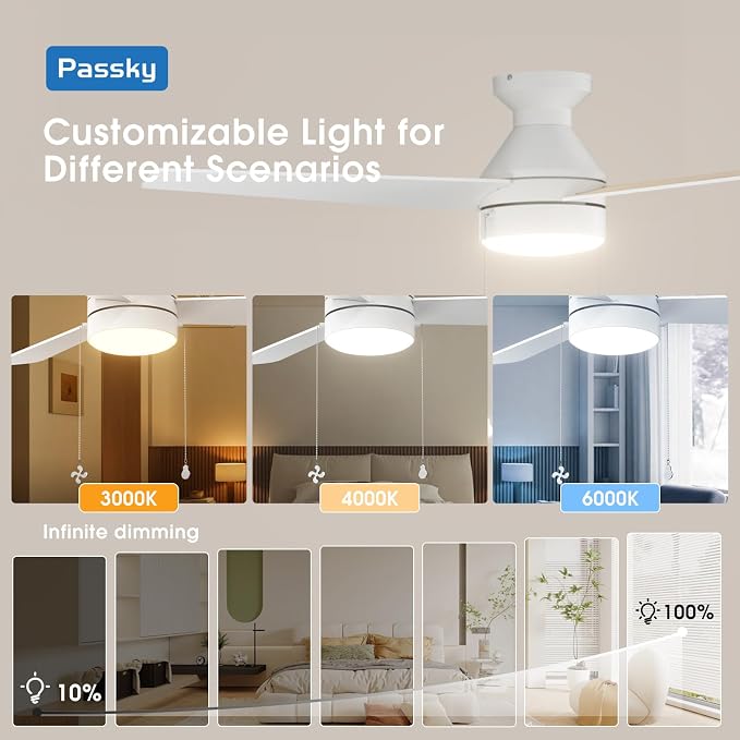 Passky Ceiling Fans with Lights, 52 inch Low Profile Ceiling Fan with Pull Chain and Remote Control, Flush Mount, Reversible, 5CCT, Dimmable, Noiseless, White Pull Cord Ceiling Fan for Bedroom
