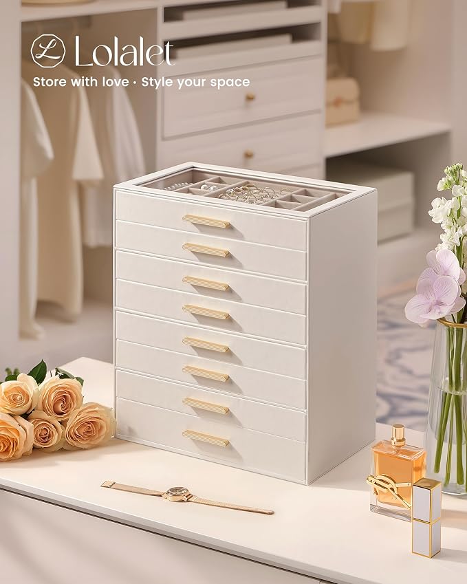 Lolalet Jewelry Box Organizer, 8-Layer Jewelry Organizers and Storage Case with Glass Lid, Ring Earring Bracelet Necklace Holder Organizer, Birthday Valentine Gifts for Women Girls -8Layer, Beige