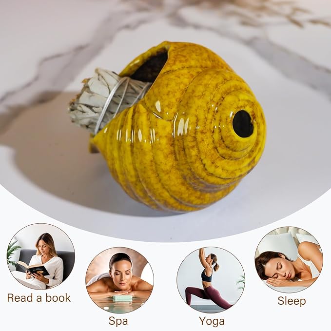 MOUGIGI Yellow Ceramic Conch Palo Santo Holder - Mini Chimney Incense Burner, Tabletop Smudge Bowl Compatible with Sage/Sticks/Cones/Copal,for Yoga、Zen Meditation、Witchcraft, Ideal Altar Decor Gift
