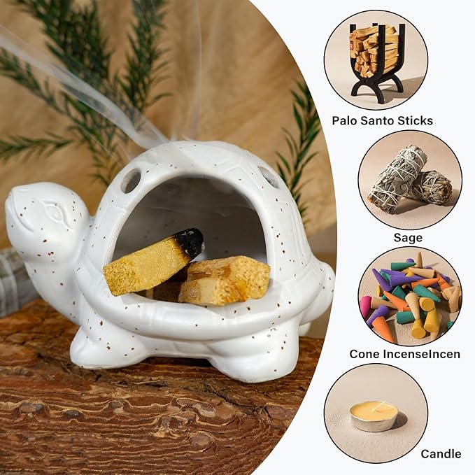 Mougigi Handcrafted White Ceramic Turtle Palo Santo Holder, Sage, Cone Incense and Copal Burner Holder | Ideal for Meditation, Yoga, Aromatherapy & Altar Spaces | Zen-Inspired Home Decor Gift