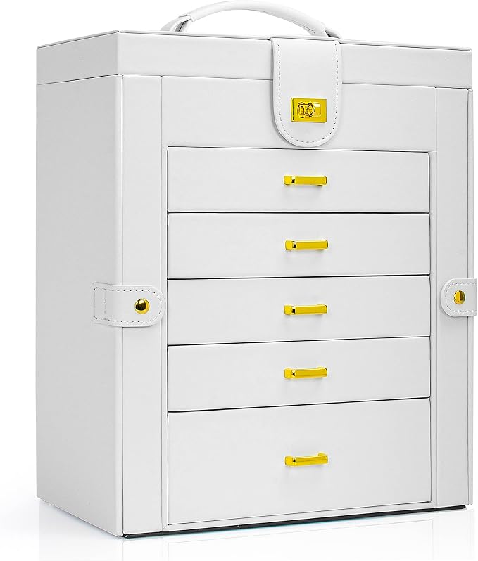 AKOZLIN 6-Tier Jewelry Box Organizer Functional 5 Drawers Leather Jewelry Storage Case for Women Girls Ring Necklace Earring Bracelet Holder Organizer with Mirror White Large
