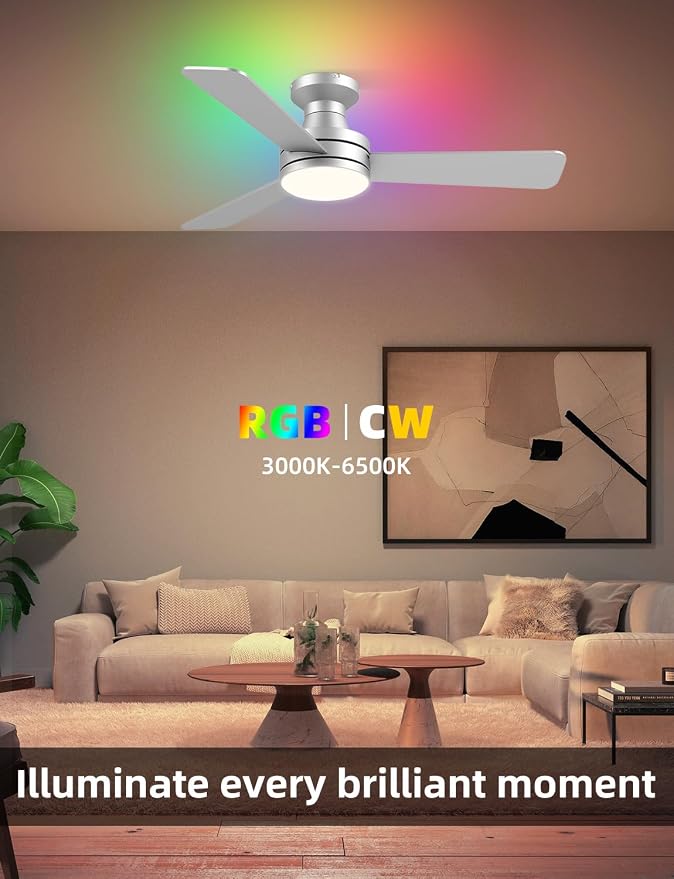 42 inch RGB Ceiling Fan with Light, Smart App & Remote Control Low Profile Flush Mount, Music Sync Lighting, 6-Speed Quiet Reversible DC Motor, 4CCT Dimmable for Home Office Party, Silver