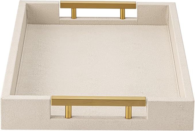 Beige Faux Leather Serving Tray with Handles – Large Decorative Tray for Coffee Table, Ottoman, Living Room, Bathroom – Home Decor