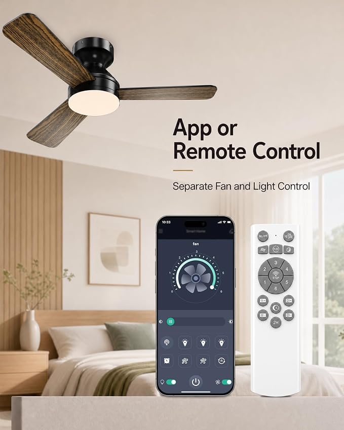 Ceiling Fans with Lights, 52 Inch Brown Indoor Fan with Remote and App Control, Dimmable LED Light, 6 Speeds, Reversible Airflow, Low Noise for Bedroom Living Room Kitchen