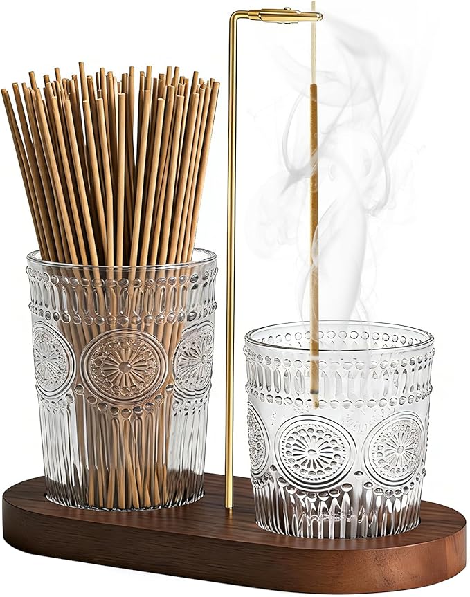 2 in 1 Incense Holder for Sticks, Vintage Glass Upside Down Incense Burner with Removable Ash Catcher & Solid Wood Base, Anti-Ash Flying Catcher for Meditation, Yoga, Spa & Home Decor- Brown