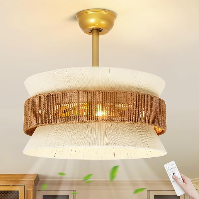 Boho Fandelier Ceiling Fan with Light,Gold Rattan Chandelier Fan Remote Caged Fandelier Ceiling Fan for Bedroom Nursery Foyer Kitchen and Living Room 6 Speeds Timing Adjustment Height Enclosed 20Inch