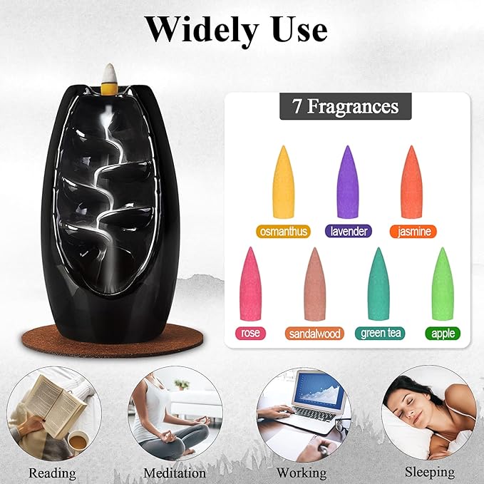 SPACEKEEPER Backflow Incense Holder Ceramic Incense Burner Waterfall, Aromatherapy Ornament Home Decor with 120 Backflow Incense Cones & 30 Incense Stick, Jet Black