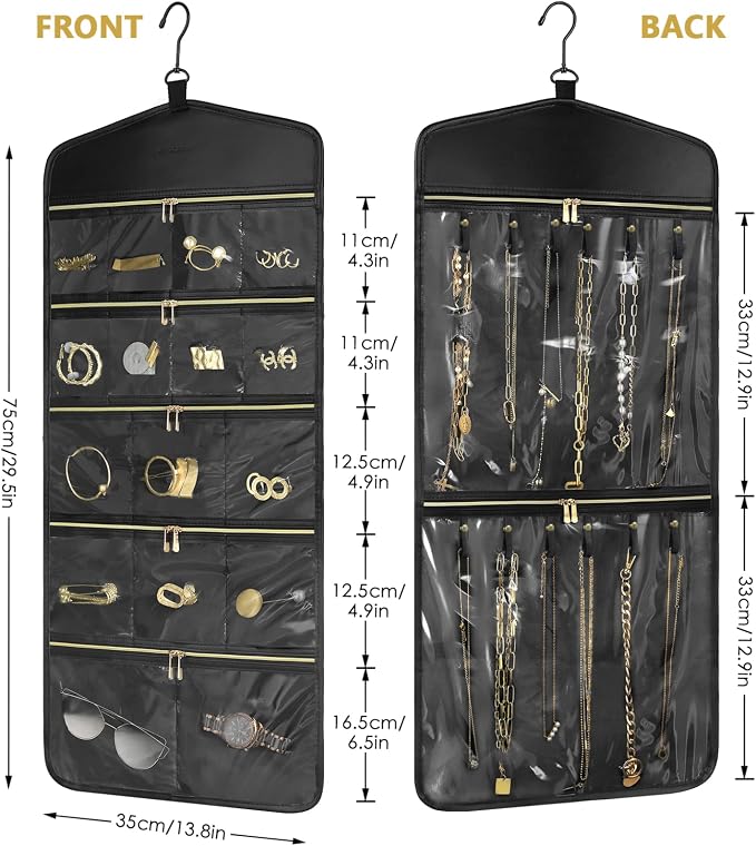 CHICECO Travel Jewelry Holder Organizer,Hanging Jewelry Organizer Storage With Zippered Pockets for Cloest,Wall,Door,Jewelry Holder for Earrings, Necklaces（Upgrade Black）