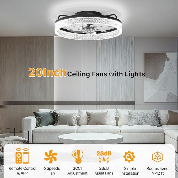 20" Ceiling Fan with Lights, Flush Mount Ceiling Fans, Ceiling Fans with Lights and Remote, 6 Speeds Dimmable Ceiling Lights with Fans, Quiet Modern Ceiling Fan for Bedroom Living Room