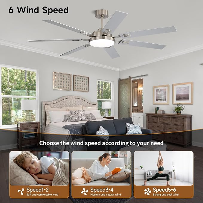 64 Inch Ceiling Fans with Lights and Remote, Bedroom Living Room Office Library Cafe Outdoor Industrial, 5CCT Dimmable, Dual Color 7 Blades, 6 Speed Reversible Quiet DC Motor, Sand-nickel/Wood Grain