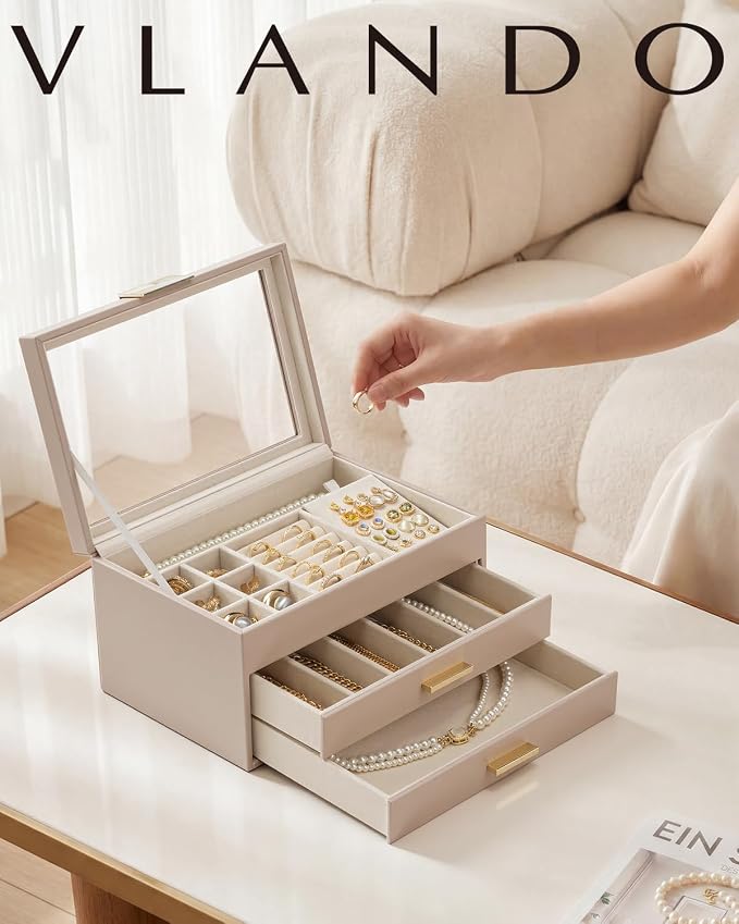 VLANDO Jewelry Box Organizer for Women, 3-Layer Jewelry Storage Case with Glass Lid, Gold Handle, 2 Drawers for Rings, Earrings, Necklaces and Bracelets - Toffee