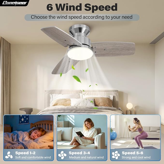 42 Inch Ceiling Fans with Lights and Remote, Bedroom Living Room Office, Flush Mount, 6CCT Dimmable, Dual Color 3 Blades 6 Speed Reversible Quiet DC Motor, Chrome-Plated/Wood Grain