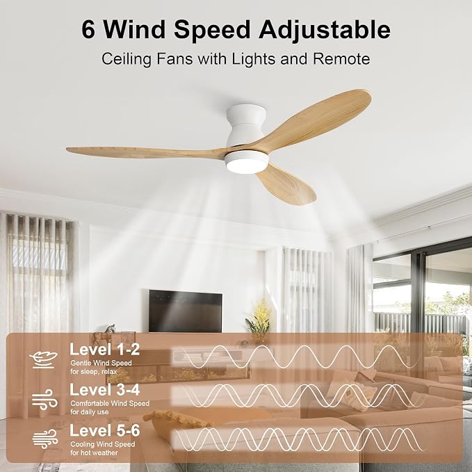 52 Inch Ceiling Fan with Light and Remote & APP Control, 3 Wooden Blades, 6 Wind Speeds, Quiet DC Motor, Indoor Low Profile Ceiling Fan for Bedroom Living Room Farmhouse Patio