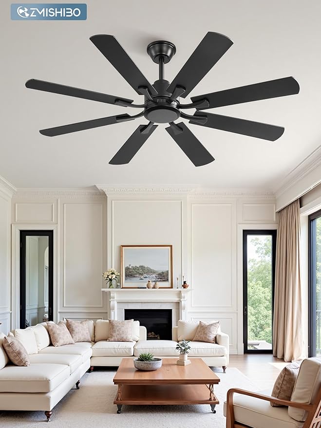 ZMISHIBO 52 inch Ceiling Fan no Light, 8 Blades Black Ceiling Fans without lights, Quiet Rerverible DC Motor, 6speeds, for Bedroom, Living Room, Home Office and Patio