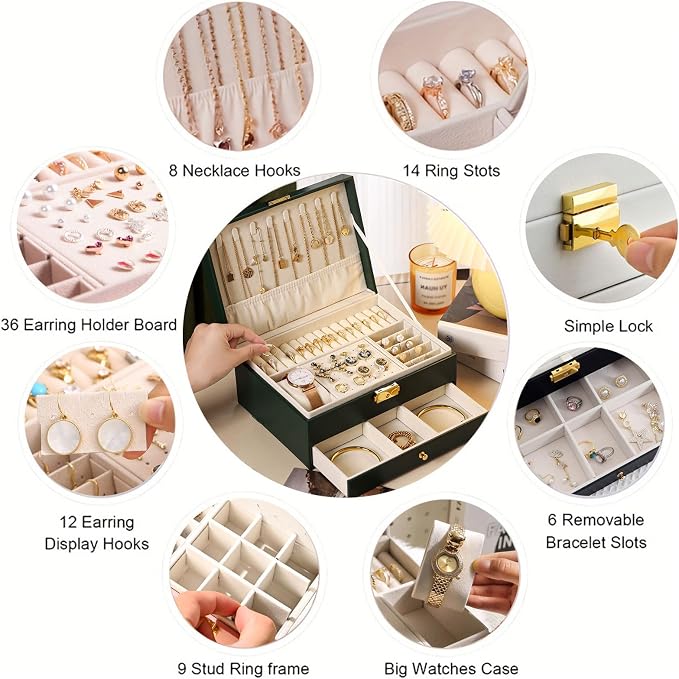 GUOER Jewelry Box for Women Girls, Two Layers Jewelry Organizer (Champagne) | Vintage Quilting Stitching PU Leather, Earrings Bracelets Rings Necklace Watches Storage Large Jewellery Holder Case Gifts
