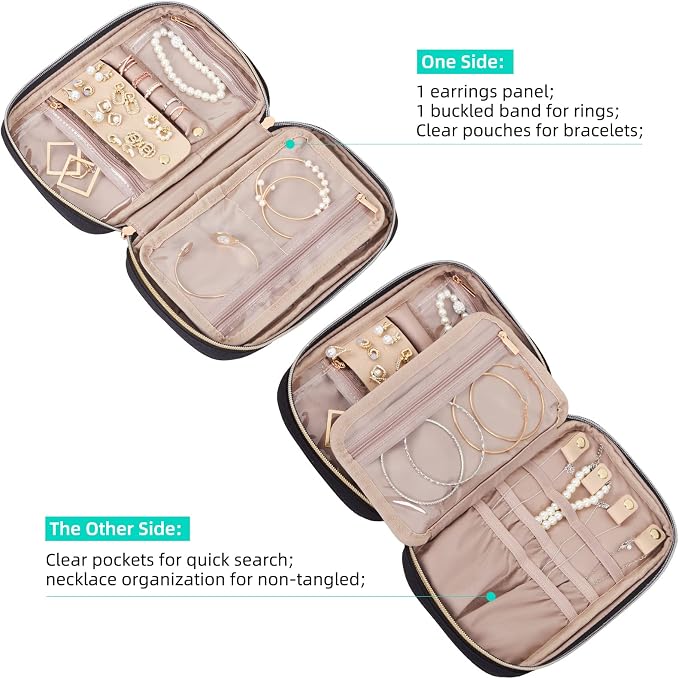 NISHEL Travel Jewelry Case Organizer, Tangle-Free Necklace Storage Bag | Stores rings, earrings, bracelets and watches in a compact case for travel, vacations and daily use, Black, Medium