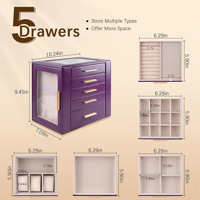 Homeanda Jewelry Box for Women with Glass Lid, 5 Drawers Jewelry Organizer and Storage for Necklaces, Rings, Earrings, Bracelets, Gift for Girls and Teens,PU Leather (Purple)