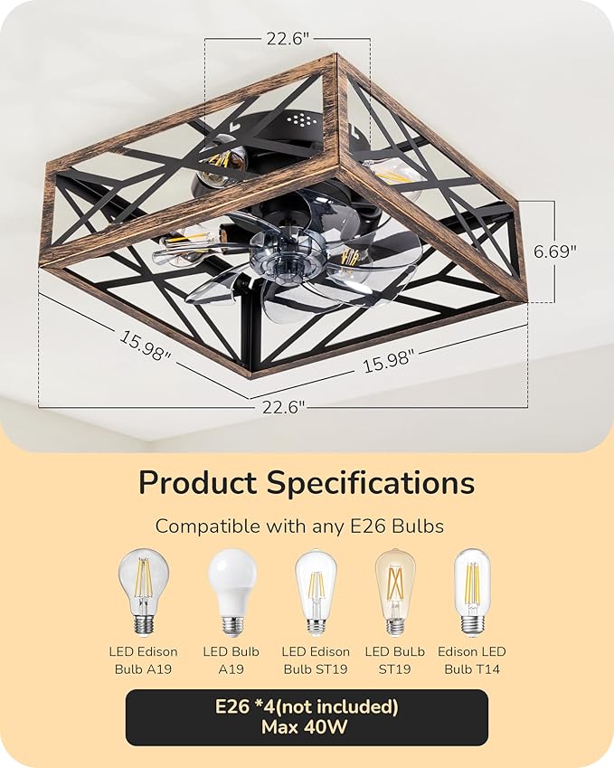 EDISHINE Caged Ceiling Fans with Lights Flush Mount, Rustic Square Low Profile Enclosed Fan Ceiling with Remote, 2/4 H Timer, Reversible 6 Speed, Farmhouse Small Fan for Bedroom, Kitchen, Dining Room