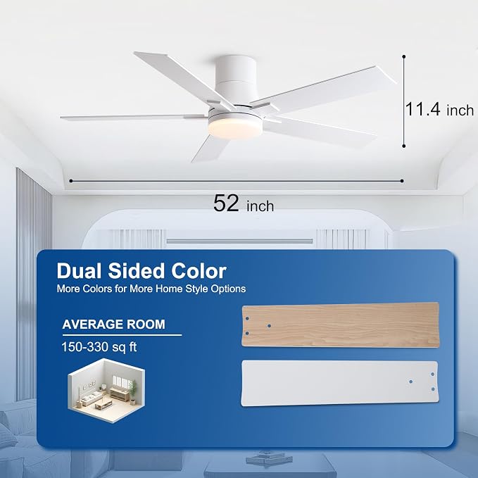 Rayqueen 52 Inch Flush Mount White Ceiling Fans with Lights and Remote | 6 Speed Reversible DC motor,3-color temperature dimmable LED.For indoor/covered outdoor.Modern style for bedroom room
