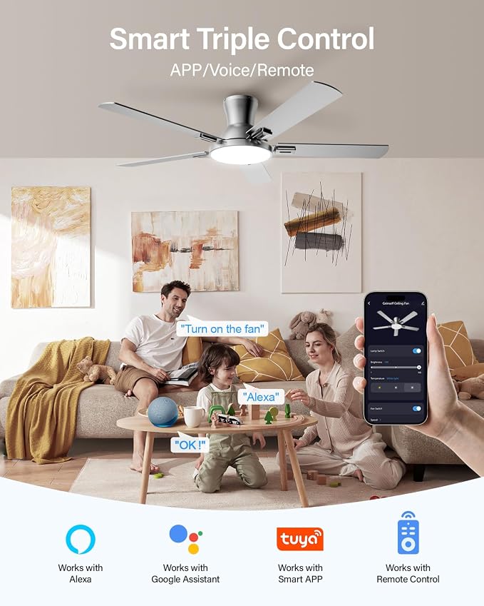 52 Inch Ceiling Fans with Lights and Remote, Flush Mount Low Profile Smart Ceiling Fan with WIFI Alexa App Control, Quiet Reversible DC Motor, 6 Speeds, Dimmable LED Light, Nickel