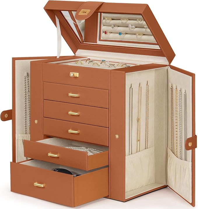 AKOZLIN 6-Tier Jewelry Box Organizer Functional 5 Drawers Leather Jewelry Storage Case for Women Girls Ring Necklace Earring Bracelet Holder Organizer with Mirror Extra Large Orange