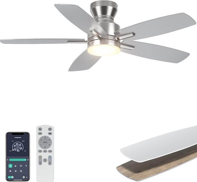 Ohniyou Ceiling Fans with Lights, 42'' Low Profile Ceiling Fan with Light and Remote/APP Control, Modern Flush Mount Ceiling Fan for Indoor Bedroom Kitchen, Dimmable, Quiet DC Motor, Silver