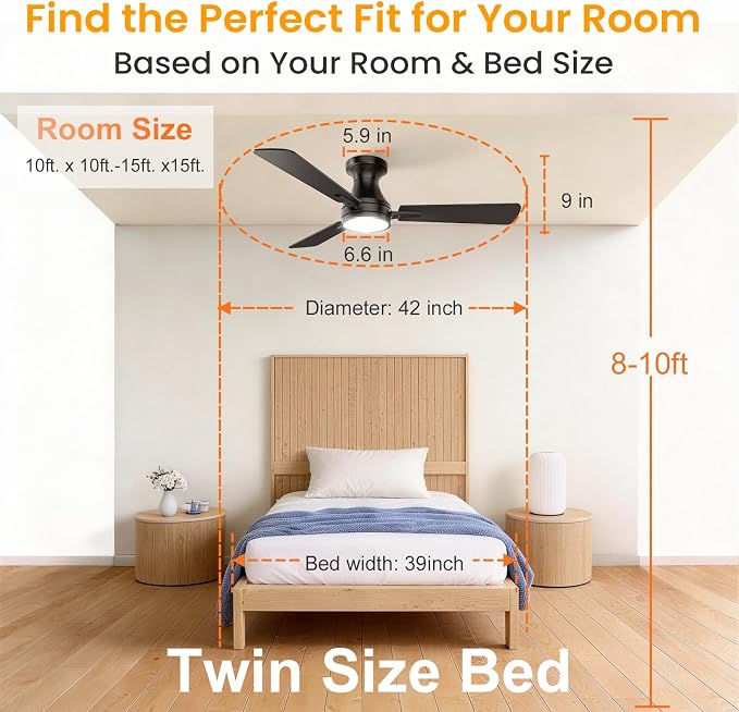OPONL Ceiling Fan with Light, 42 inch Low Profile Ceiling fan with Light and Remote Control, Reversible, 6CCT, Dimmable, Noiseless, Black Ceiling Fan for Bedroom, Indoor/Outdoor Use, Modern