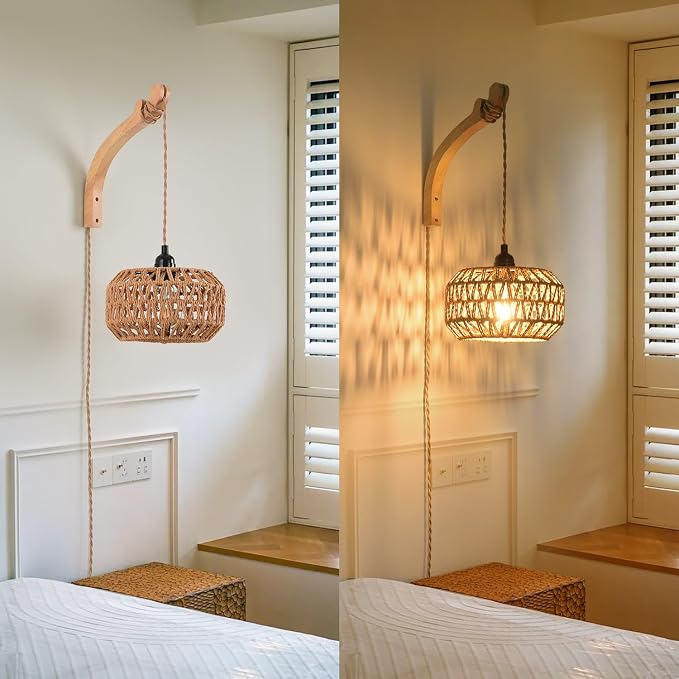 Plug in Wall Sconce,Farmhouse Wicker Wall Lamp Plug in,Hand Woven Rattan Wall Light Farmhouse Rustic Boho Sconces Wall Lighting for Living Room Bedroom