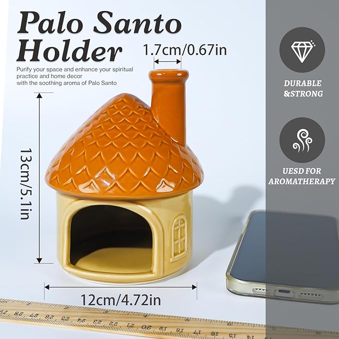 Mougigi Mini Ceramic Palo Santo Burner - Yellow House Chiminea Incense Holder with Stable Base, Ideal for Smudging Sage, Burning Incense Cones - Perfect for Meditation, Yoga, Altars, Home Decor
