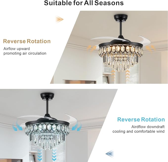 FIDGRA 48 Inch Fandelier Ceiling Fan with Light, Retractable Ceiling Fan with Lights Chandelier Fan for Bedroom, Living Room, 3 Color Temperature, 6 Wind Speed-Black