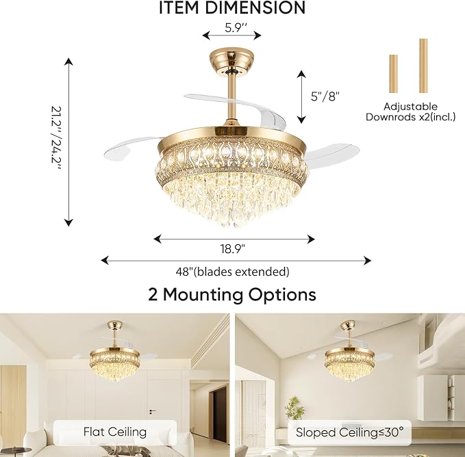 48" Fandelier Ceiling Fan with Light, Crystal Retractable Ceiling Fan with Lights and Remote, Chandelier Fans for Bedroom Living Room, Reversible DC Motor, Dimmable, 6 Speeds -Gold