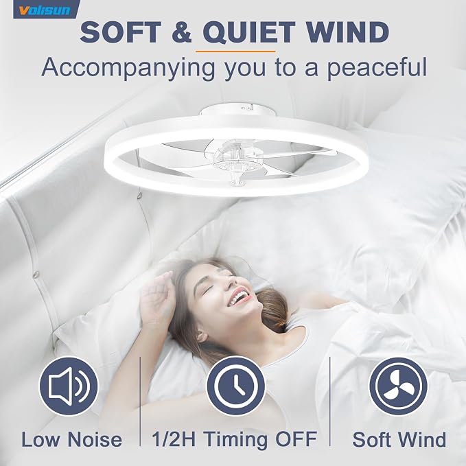 VOLISUN Low Profile Ceiling Fans with Light and Remote, No Assembly, 19.7in Bladeless Ceiling Fan with Lights,3000K-6500K Dimmable Flush Mount LED Fan Light,White Fandelier Ceiling Fans for Bedroom