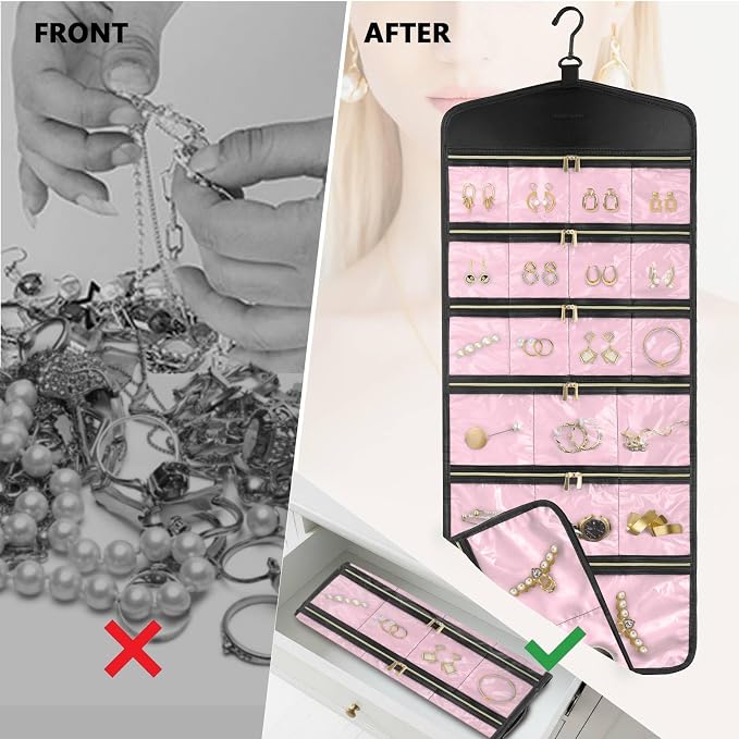CHICECO Hanging Jewelry Organizer With Zippered Pockets,40 Pockets Travel Jewelry Organizer Storage for Cloest,Wall,Door (Pink)