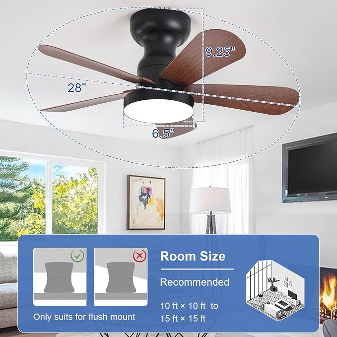 Depuley Small Ceiling Fan with Lights: 28-Inch Flush Mount Fan with Light and Remote - Low Profile Ceiling Fans Reversible Quiet DC Motor for Bedroom Living Room Indoor Outdoor, Walnut