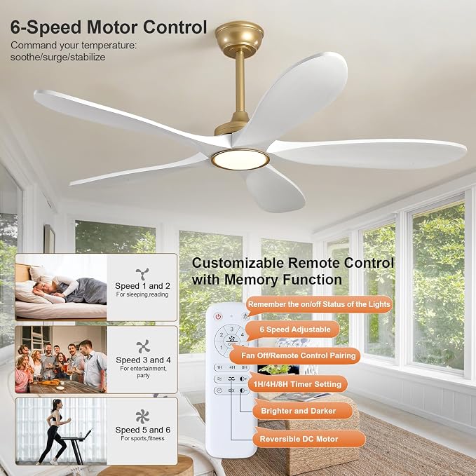 52 Inch White and Gold Ceiling Fans with Lights and Remote Control, Modern 3 Blade Wood Ceiling Fan, Small Indoor Ceiling Fan with Light for Living Room, Quiet DC Motor, Dimmable LED Light
