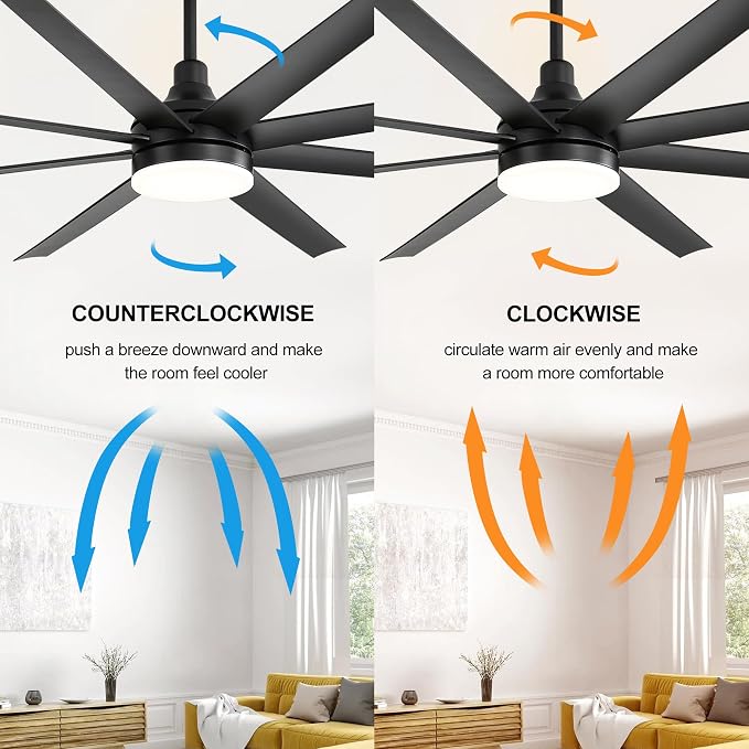72" Black Ceiling Fans with Lights and Remote, 8 ABS Blades, 6-Speed Reversible DC Motor, 2 Downrods, 3 Color Led Light, Large Industrial Indoor Ceiling Fan Fandeliers for Bedroom Living Dining Room