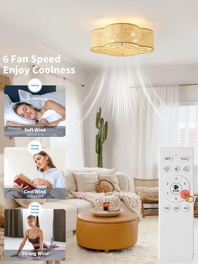 Boho Ceiling Fans with Lights, 20" Low Profile Ceiling Fan with Light Remote Control, Bladeless Flush Mount with 6 Speeds for Bedroom, Nursery, Living Room.