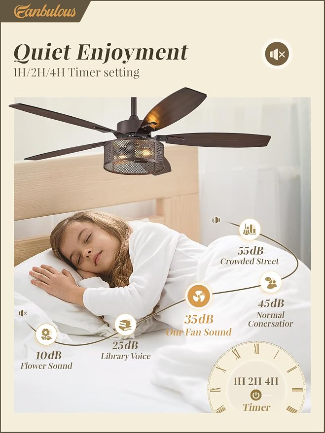 Fanbulous Farmhouse Oil Bronze Ceiling Fans with Lights and Remote, 52 Inch Bedroom Caged Ceiling Fans for Living Room Kitchen，6 Speed Reversible Quiet DC Motor, Dual Finish 5 Blades