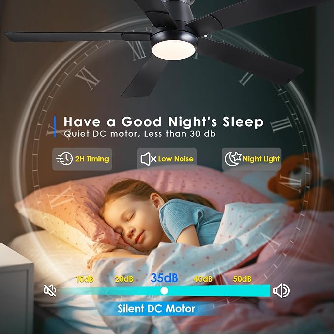 Hounberi 52" Flush Mount Ceiling Fan with Lights and Remote, Modern Black Low Profile Ceiling Fan, Quiet Reversible DC Motor, 3CCT Dimmable LED, Ideal for Bedroom, Living Room and Low Ceilings, Black