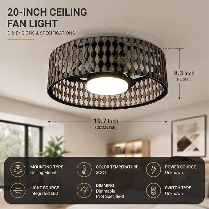 Low Profile Ceiling Fan With Lights,Ceiling Fans with Lights and Remote | Farmhouse fandelier with dimmable LED,Bobo Flush Mount Ceiling Fan for bedroom kitchen hallway dining room 20inch