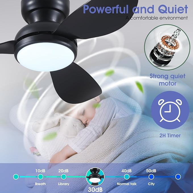 Kviflon 36 Inch Flush Mount Ceiling Fan with Light, 3 Reversible Blades, Remote & APP Control, 3 CCT Dimmable for Bedroom Living Room, Black