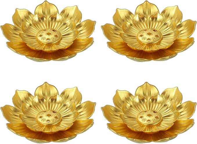 uxcell 4pcs Incense Burner Kit, Brass Lotus Stick Incense Holder 6 Incense Holes Detachable Ash Catcher for Yoga, Meditation, Gold