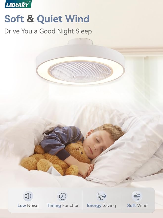 LEDIARY 22in Enclosed Ceiling Fan with Light and Remote, White Modern Bladeless Ceiling Fan with Bright Light, Led Flush Mount Ceiling Fans for Bedroom, Living Room, Kid Room(6 Speeds, 3000-6000K)